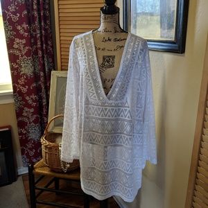 White eyelets swim cover up kimono long sleeves